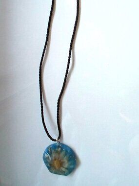 Handmade Daisy Blue Resin Pendant on Black Braided Leather Adjustable Necklace